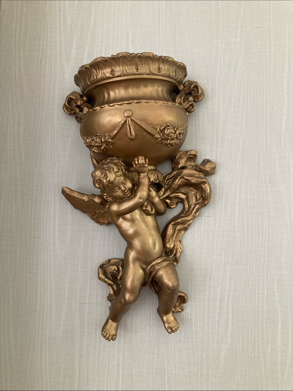 Vintage MCM Chalkware cherub wall pocket Hanging Planter